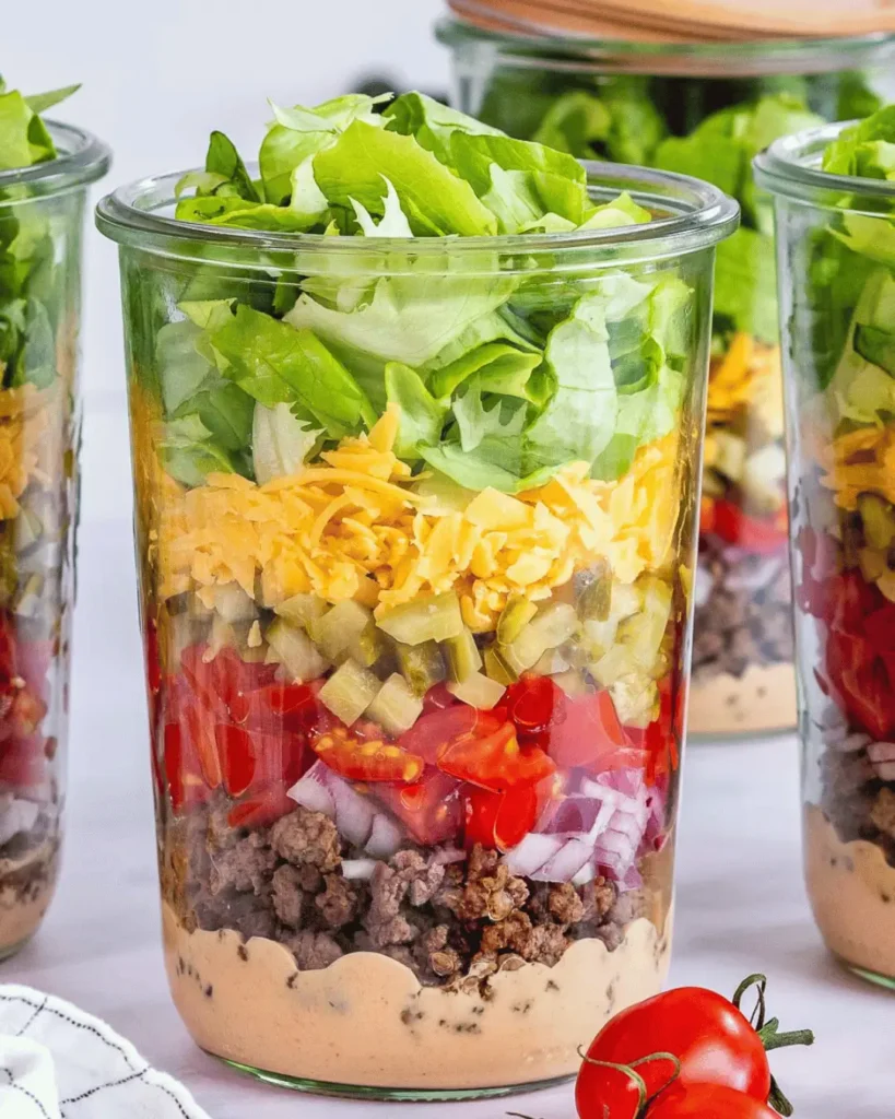 Salada no pote montada em camadas: molho cremoso, carne, tomate, picles, queijo cheddar e alface fresca